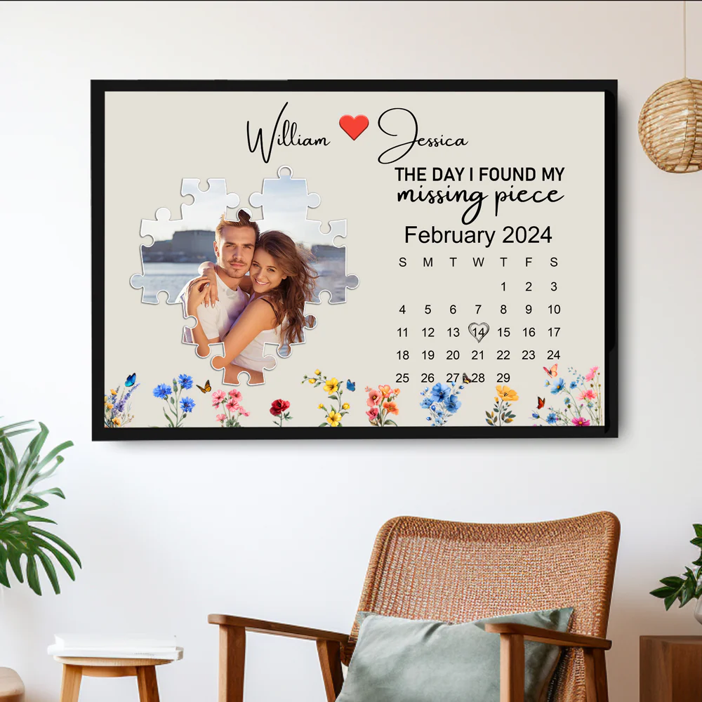 The Day I Found My Missing Piece – Customizable Couple's Poster, Gift for lover, with Puzzle Heart, Calendar, and Floral Details - Image 3