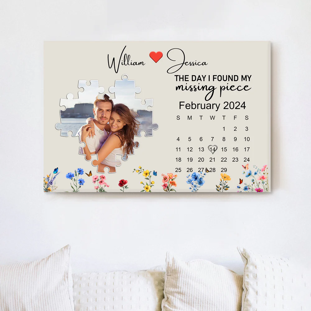 The Day I Found My Missing Piece – Customizable Couple's Poster, Gift for lover, with Puzzle Heart, Calendar, and Floral Details - Image 5