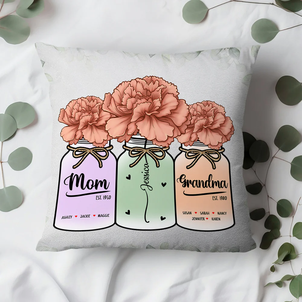 Personalized Family Square Pillow – Custom Name & Birth Flower Design for Mom & Grandma, Sentimental Home Decor, Cozy Cushion Gift