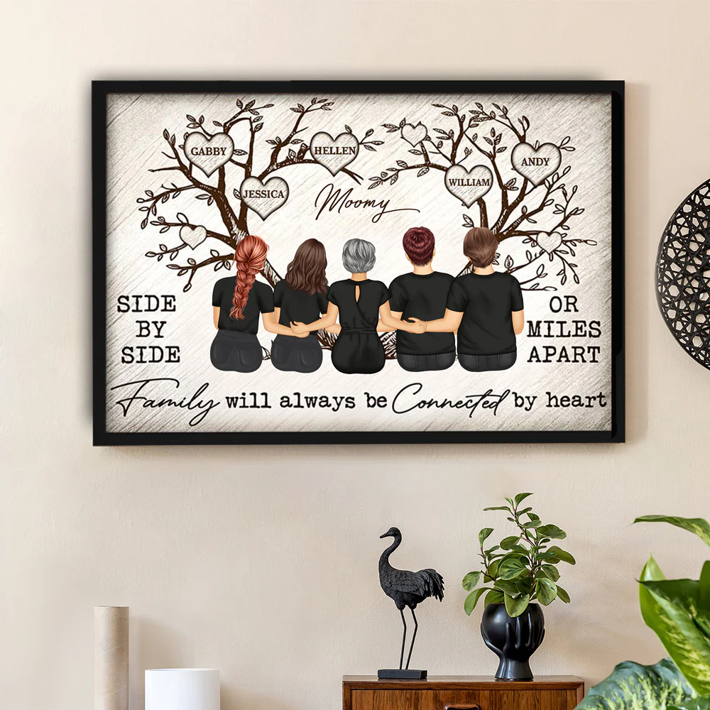 Grandma Mom Family Will Always Be Connected By Heart - Personalized Family Tree Poster, Perfect Gift for Mothers, Available as Poster, Plaque, Ornament, Keychain, and Pillow