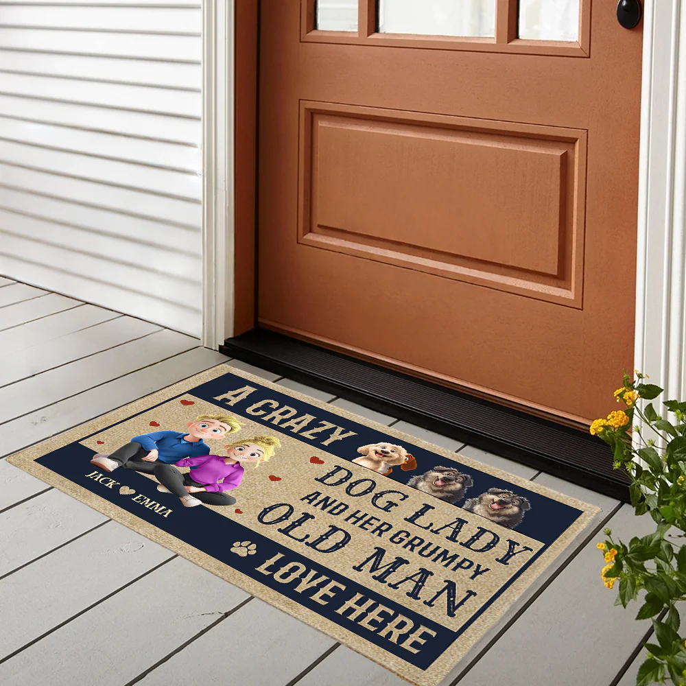 Custom Dog Lover Doormat – ‘A Crazy Dog Lady & Her Grumpy Old Man Live Here’ – Personalized Home Entry Mat - Image 3