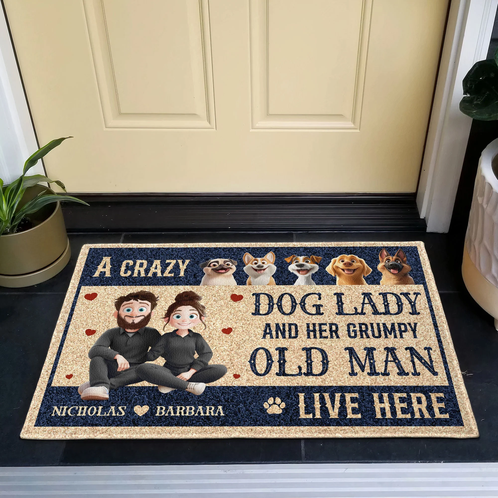 Custom Dog Lover Doormat – ‘A Crazy Dog Lady & Her Grumpy Old Man Live Here’ – Personalized Home Entry Mat - Image 6
