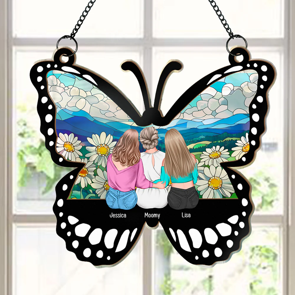 Personalized Butterfly Ornament for Mother’s Day – Custom Wood and Acrylic Layered Design with Family Names – Heartfelt Gift for Mom from Daughter