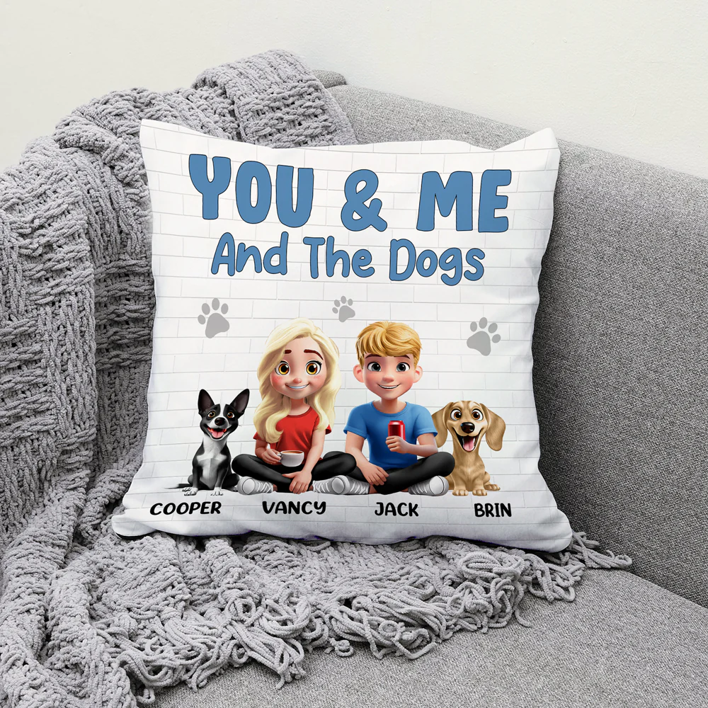 You & Me and the Dogs – Personalized Square Pillow for Families with Custom Pet and People Characters, Perfect Gift for Dog Lovers - Image 3