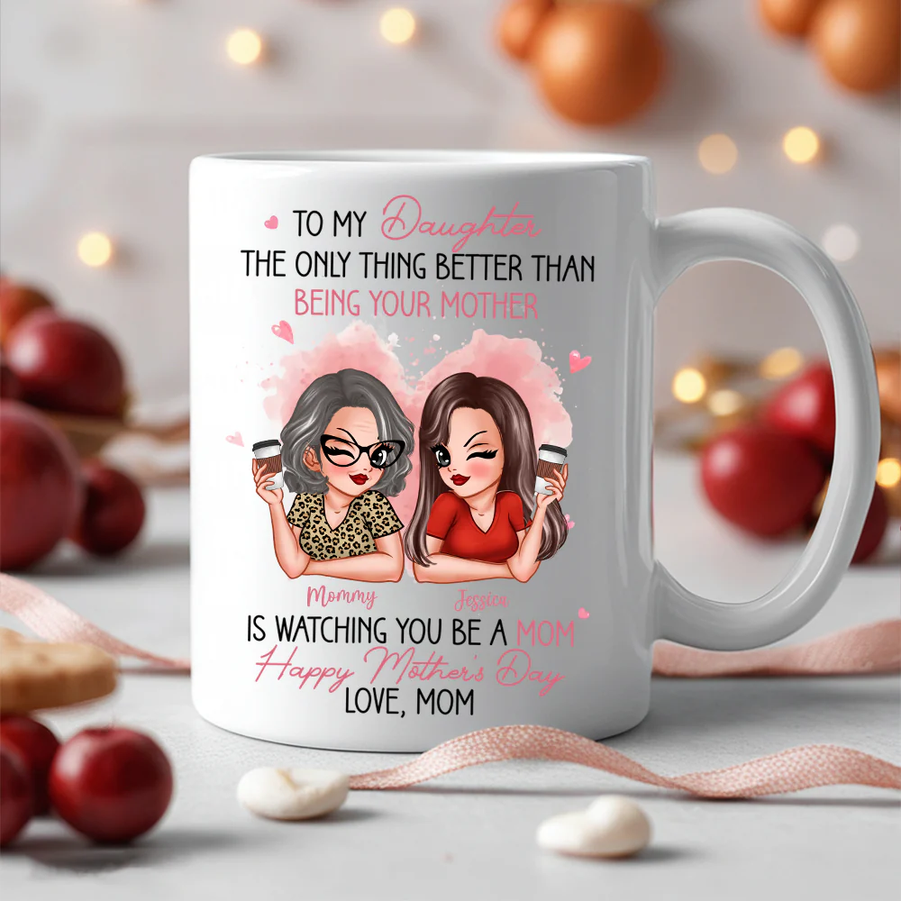 To My Daughter – Personalized Ceramic Mug , Perfect Gift for Mother and Daughter, Featuring a Fun Design with Winking Characters