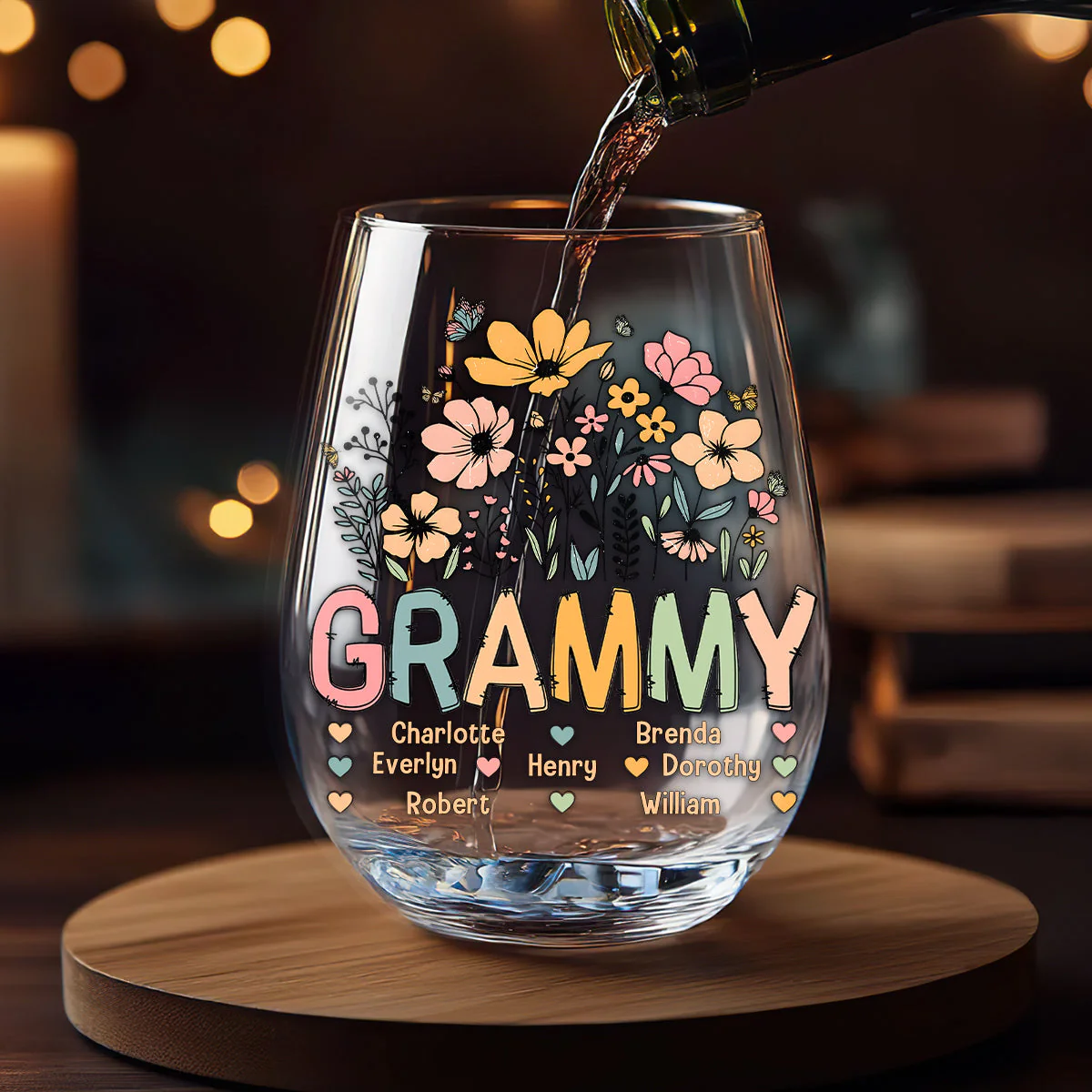 Personalized Wine Glass for Grandma with Colorful Flower Design, Customizable with Names of Grandchildren, Ideal Gift for Grandmothers on Special Occasions - Image 15