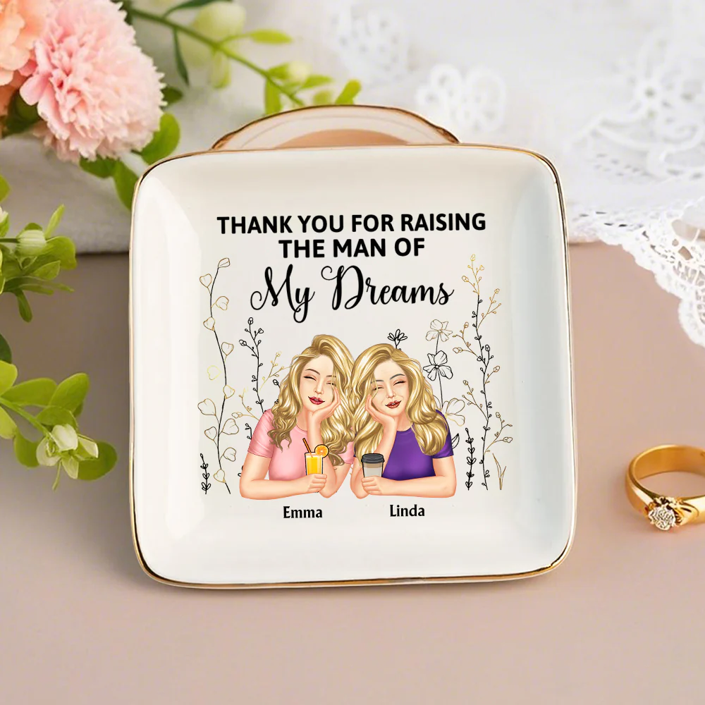 Thank You for Raising Me – Personalized Ceramic Jewelry Dish for Mother with Custom Names, Perfect Gift for Mother’s Day, Birthdays, or Special Occasions
