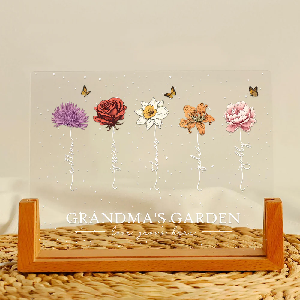 Custom LED Frame Poster - Birth Month Flower Art with Grandkids' Names - Image 2