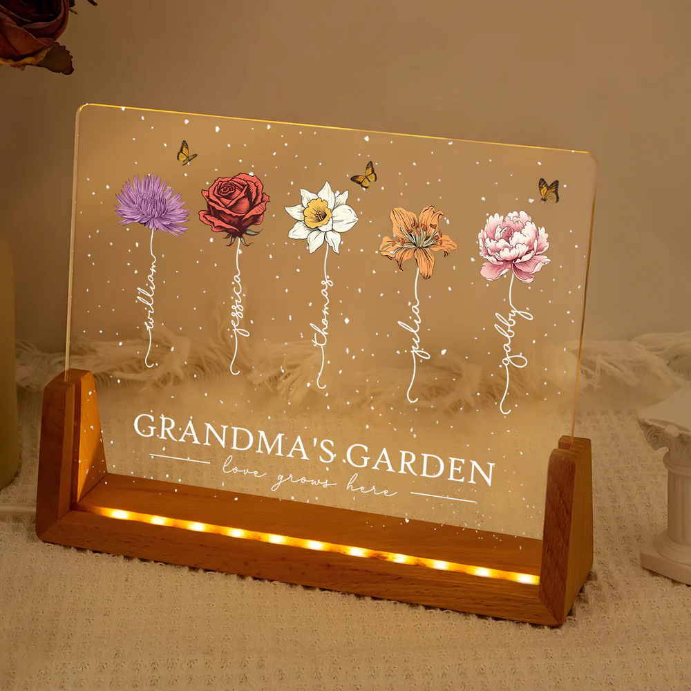 Custom LED Frame Poster - Birth Month Flower Art with Grandkids' Names - Image 3