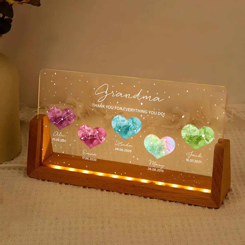 Grandma - A Heartfelt Thank You – LED Light Frame with Custom Heart Designs and Family Birthdays – Perfect Personalized Gift for Grandmothers