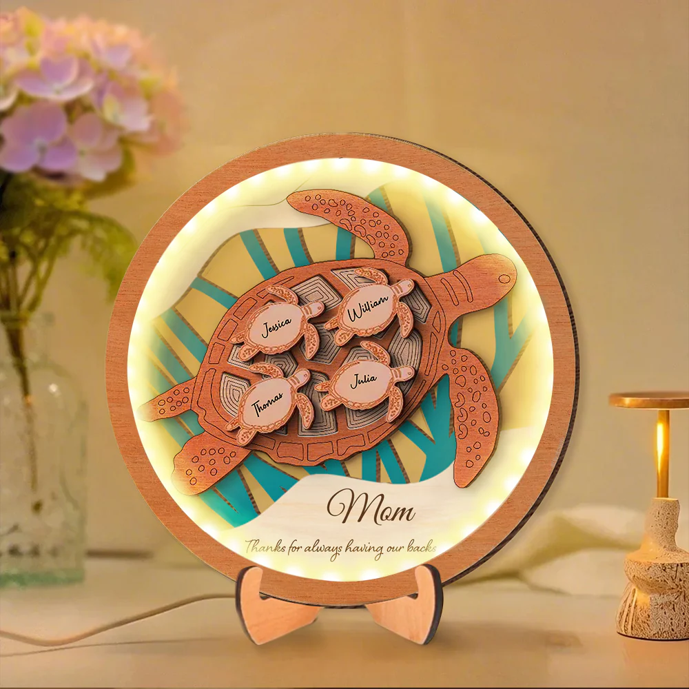 Customized 3-Layer Wooden Sea Turtle Plaque with LED – Family Gift for Mom and Grandma