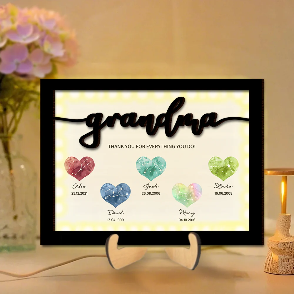 Sentimental LED Wooden Plaque for Grandma or Mom – Illuminated Family Heart Design with Personalizable Names & Dates - Perfect for Family Gifts
