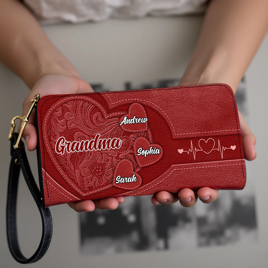 Custom Leather Wallet – Beautiful Leather Long Wallet with Heartfelt Grandkids' Names – The Perfect Gift for Grandma