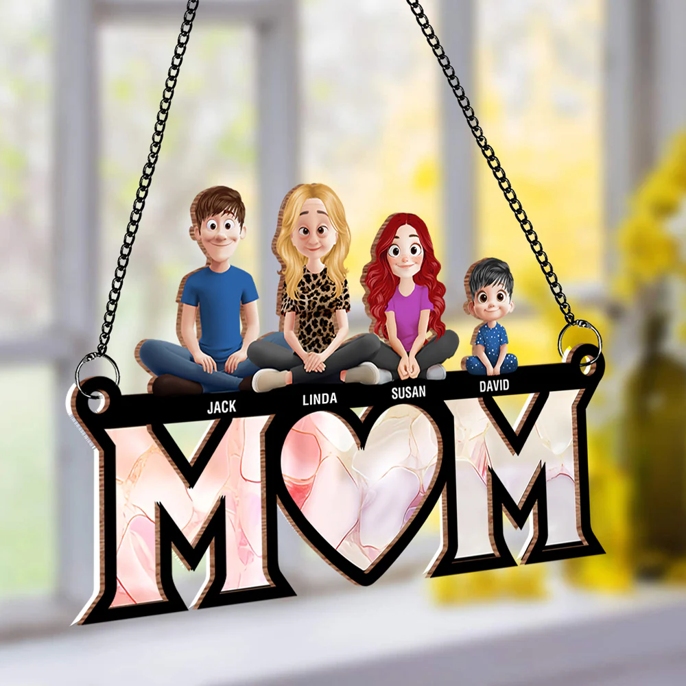 Personalized Wood and Acrylic Layered Ornament – Custom 'MOM' Hanging Ornament with Names of Children – Unique Gift for Mother’s Day, Birthdays, or Special Occasions - Image 4