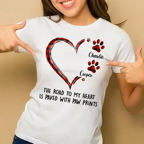 Personalized Pet Lover T-Shirt – The Road to My Heart is Paved with Paw Prints – The Perfect Gift for Pet Owners