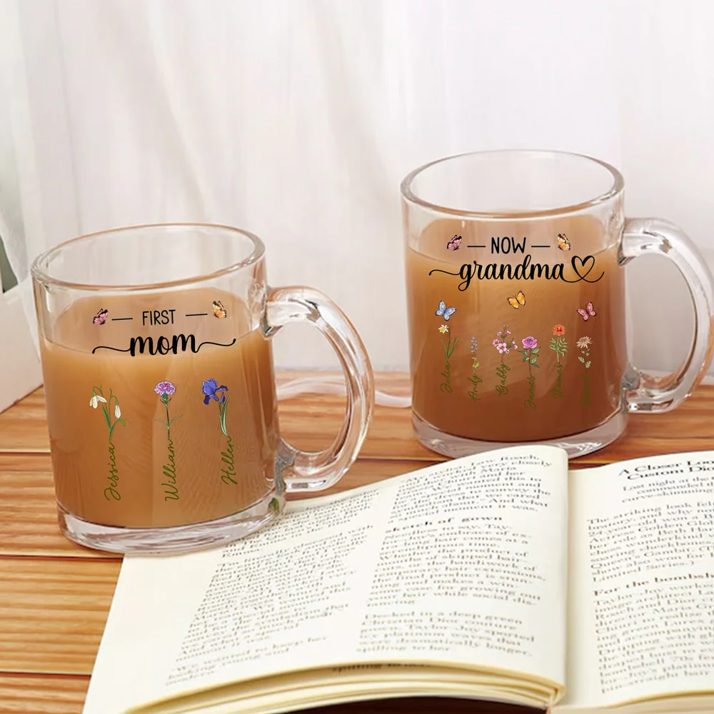 First Mom, Now Grandma – Personalized Glass Mug with Names and Flower Designs for Mom and Grandma, Custom Gift for Mother’s Day or Family Occasion - Image 2