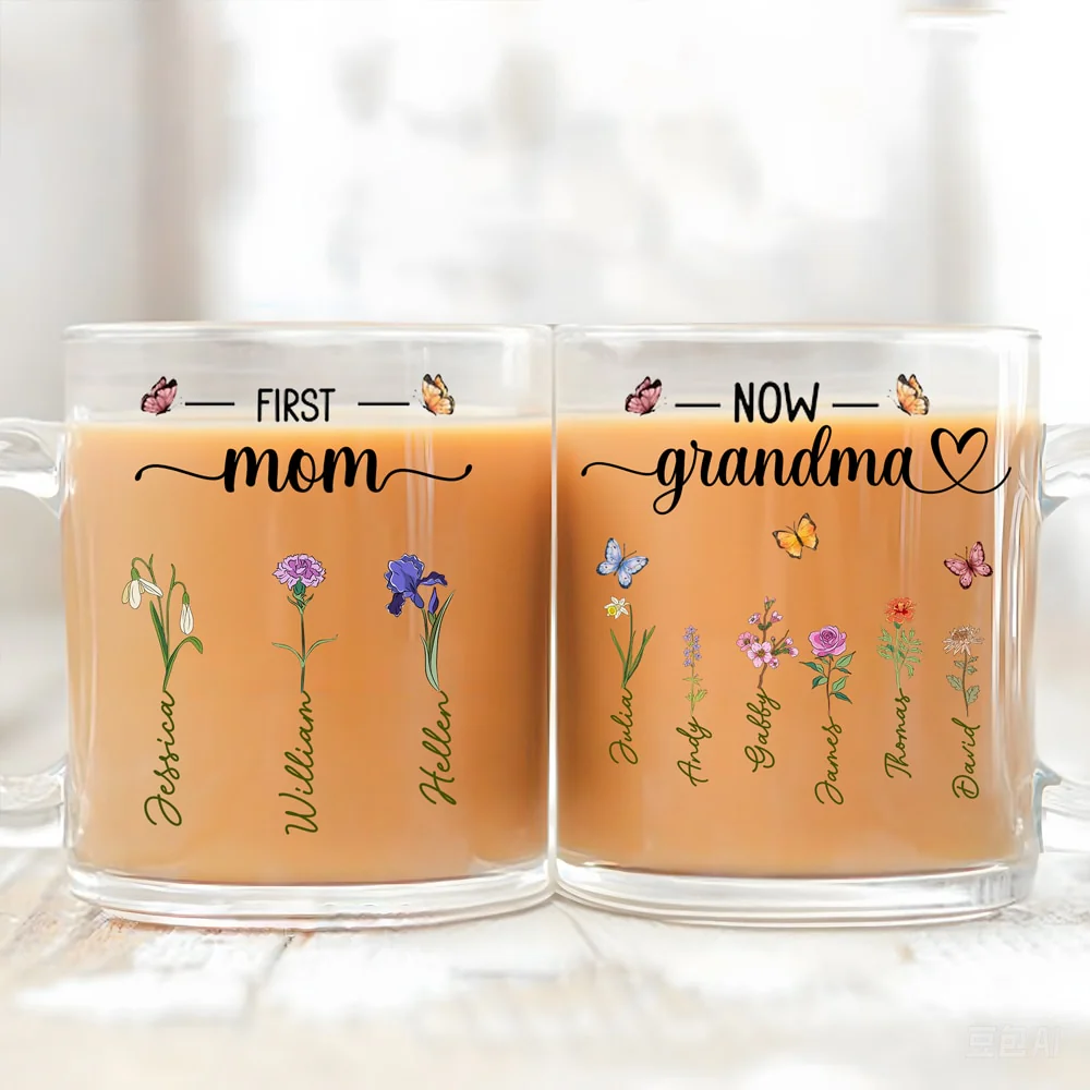 First Mom, Now Grandma – Personalized Glass Mug with Names and Flower Designs for Mom and Grandma, Custom Gift for Mother’s Day or Family Occasion - Image 3