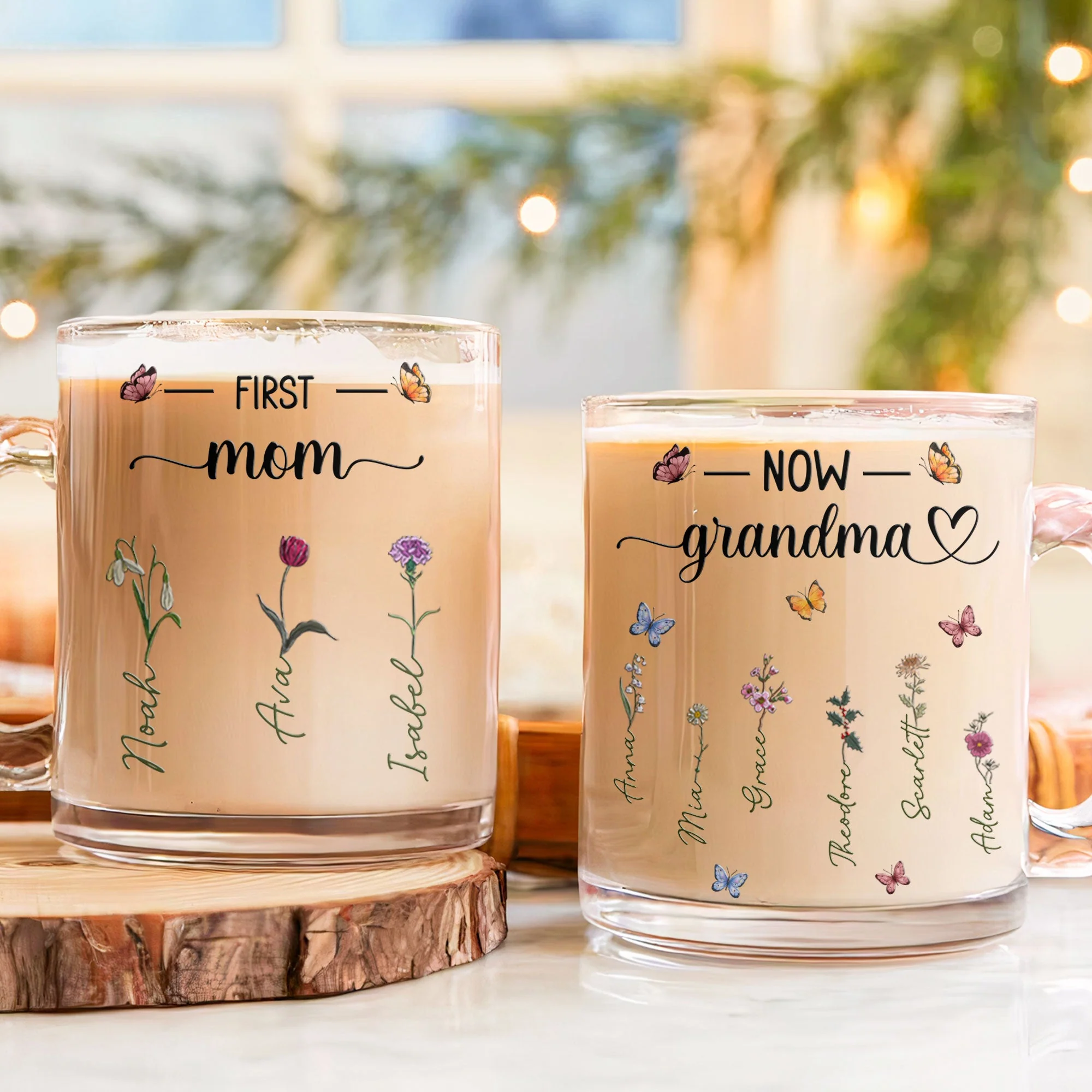 First Mom, Now Grandma – Personalized Glass Mug with Names and Flower Designs for Mom and Grandma, Custom Gift for Mother’s Day or Family Occasion - Image 4