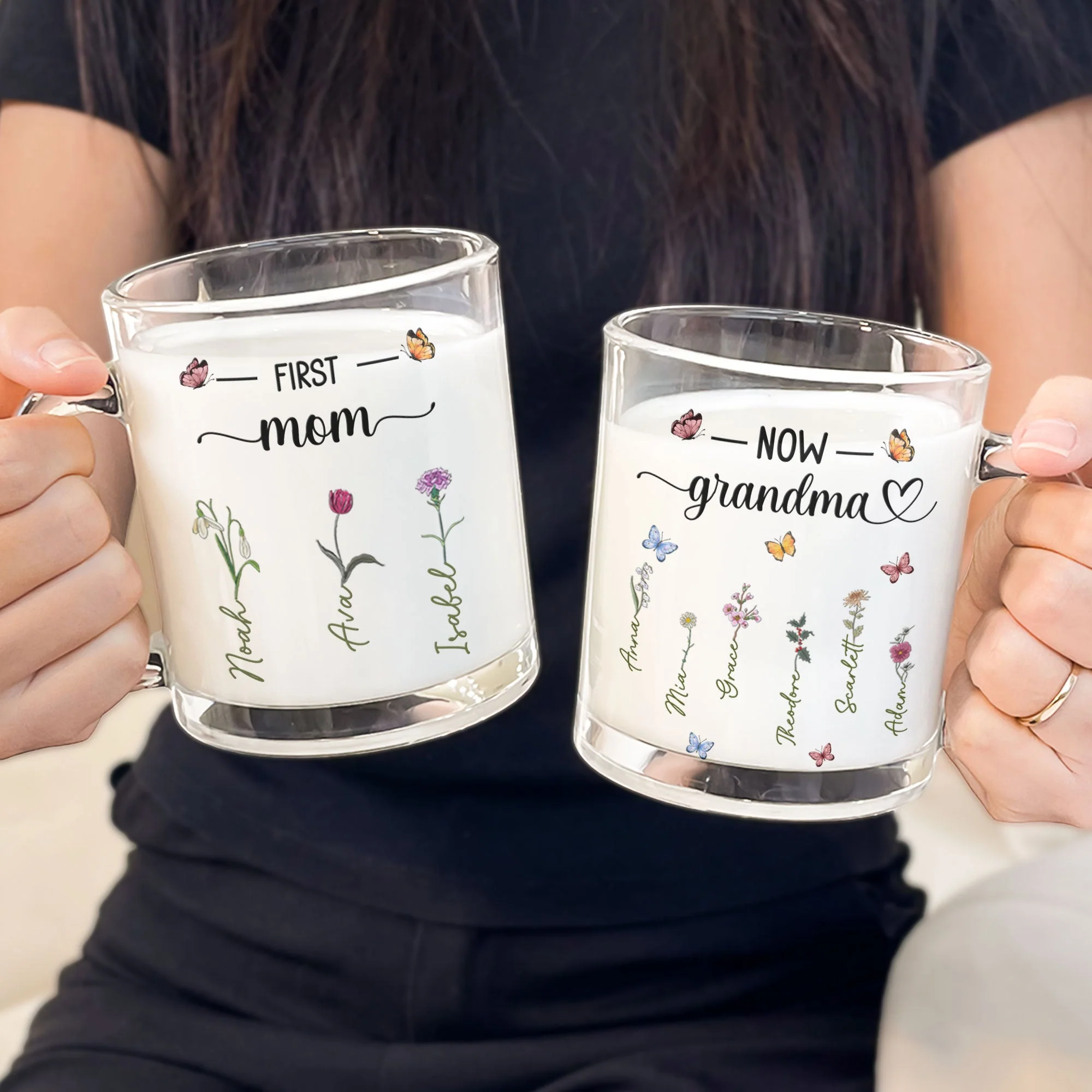 First Mom, Now Grandma – Personalized Glass Mug with Names and Flower Designs for Mom and Grandma, Custom Gift for Mother’s Day or Family Occasion - Image 6