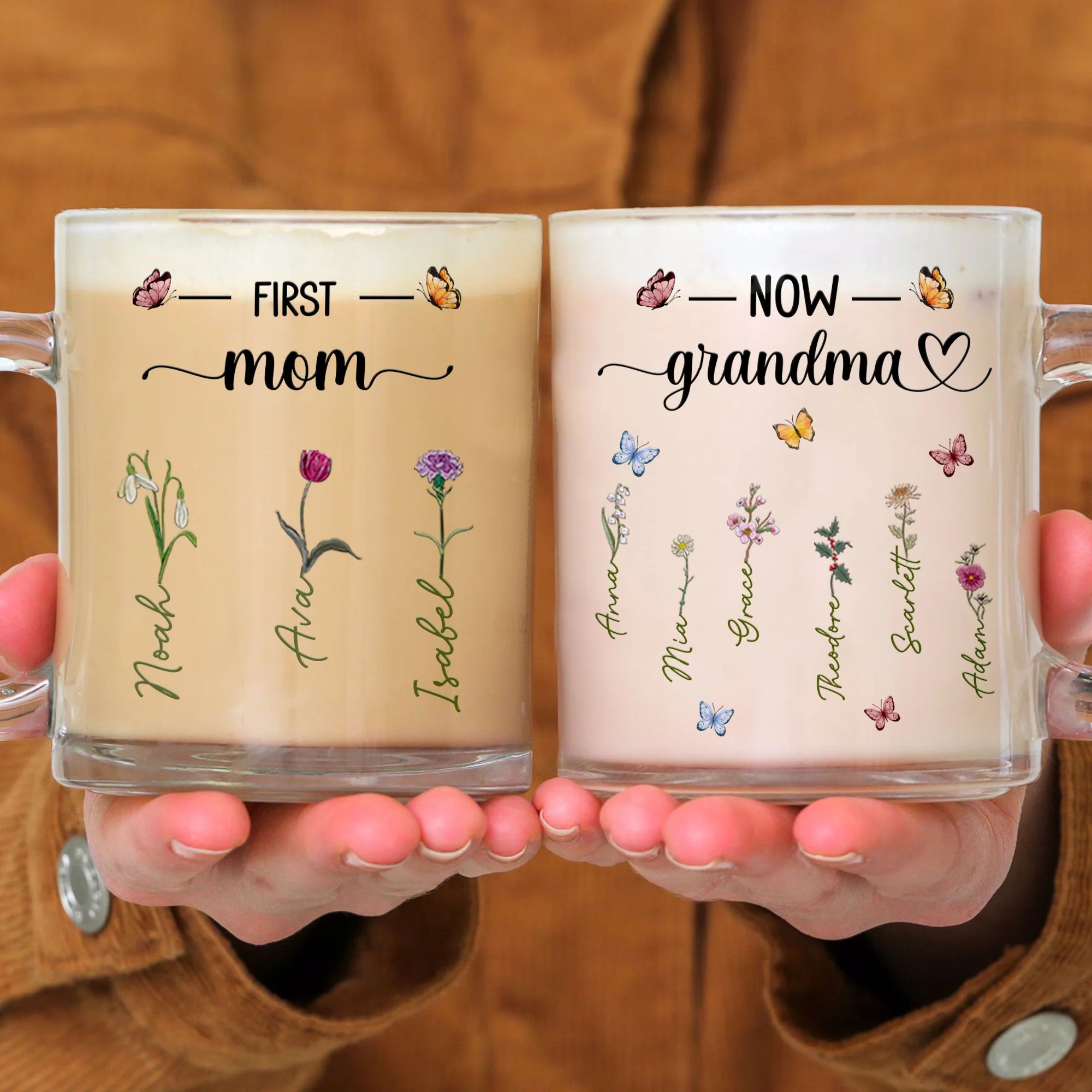 First Mom, Now Grandma – Personalized Glass Mug with Names and Flower Designs for Mom and Grandma, Custom Gift for Mother’s Day or Family Occasion - Image 7