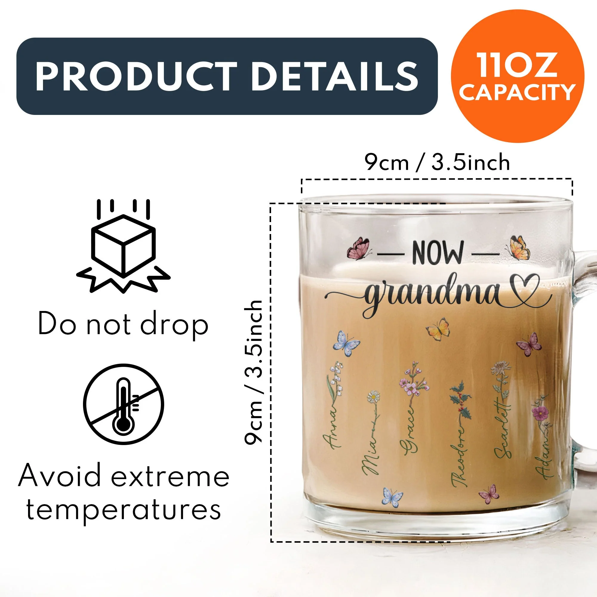 First Mom, Now Grandma – Personalized Glass Mug with Names and Flower Designs for Mom and Grandma, Custom Gift for Mother’s Day or Family Occasion - Image 8