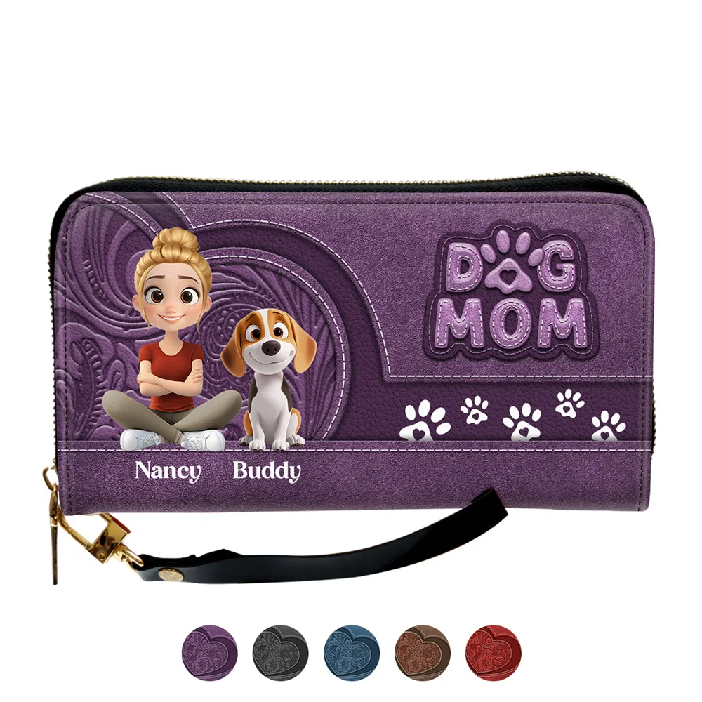 Custom Leather Long Wallet for Dog Moms – Adorable Pet Illustration with Name Personalization - Image 3