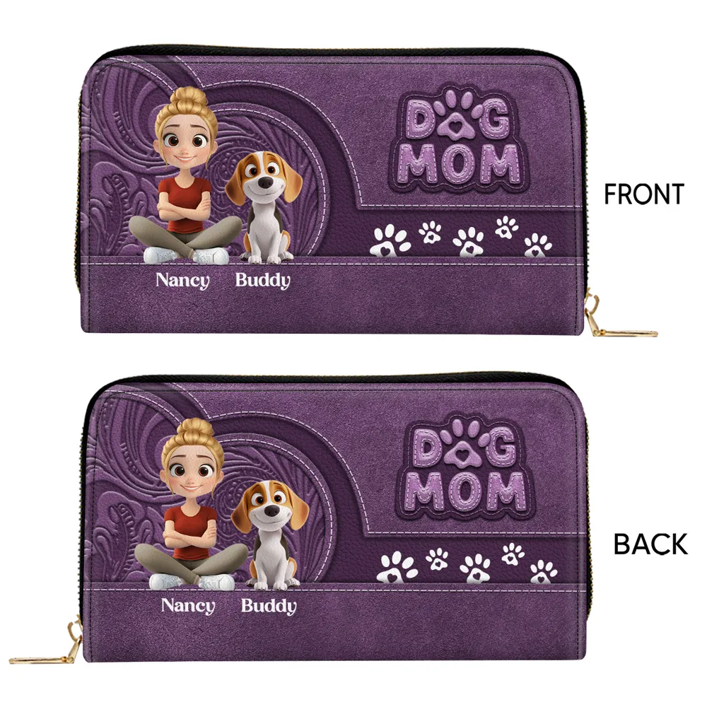 Custom Leather Long Wallet for Dog Moms – Adorable Pet Illustration with Name Personalization - Image 4
