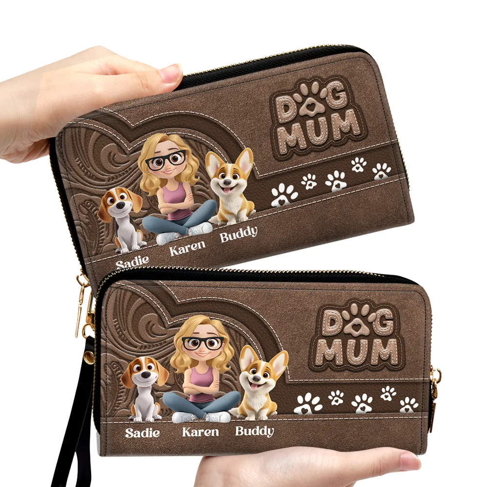 Custom Leather Long Wallet for Dog Moms – Adorable Pet Illustration with Name Personalization - Image 5