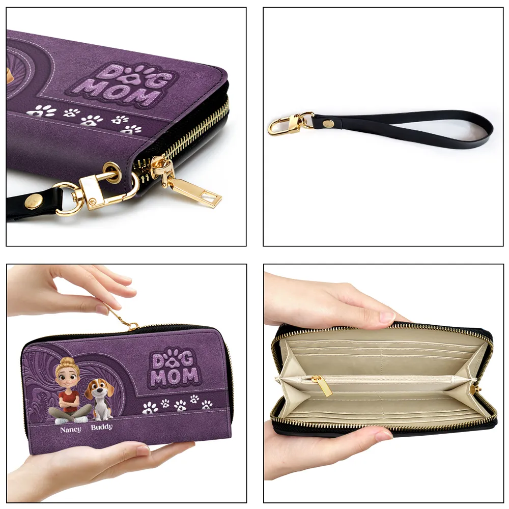 Custom Leather Long Wallet for Dog Moms – Adorable Pet Illustration with Name Personalization - Image 8