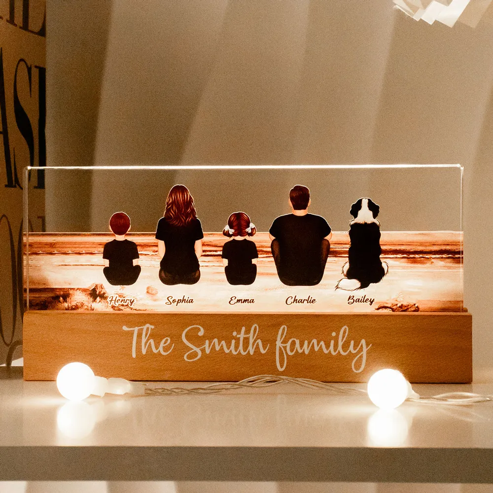 Family Sitting Back View Retro Vintage Beach Landscape - Personalized Family LED Plaque, Family Gift for Parents, Siblings & Pet Lovers