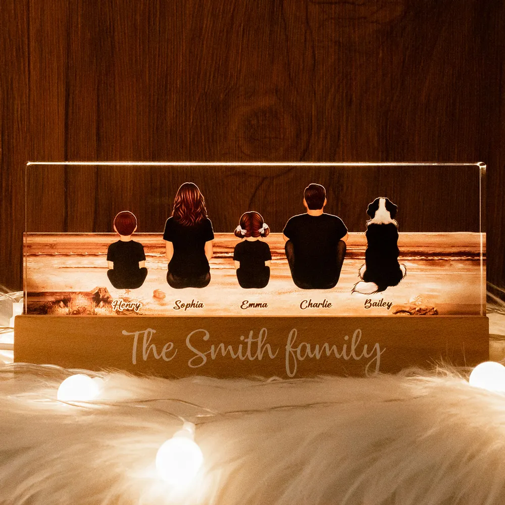 Family Sitting Back View Retro Vintage Beach Landscape - Personalized Family LED Plaque, Family Gift for Parents, Siblings & Pet Lovers - Image 2