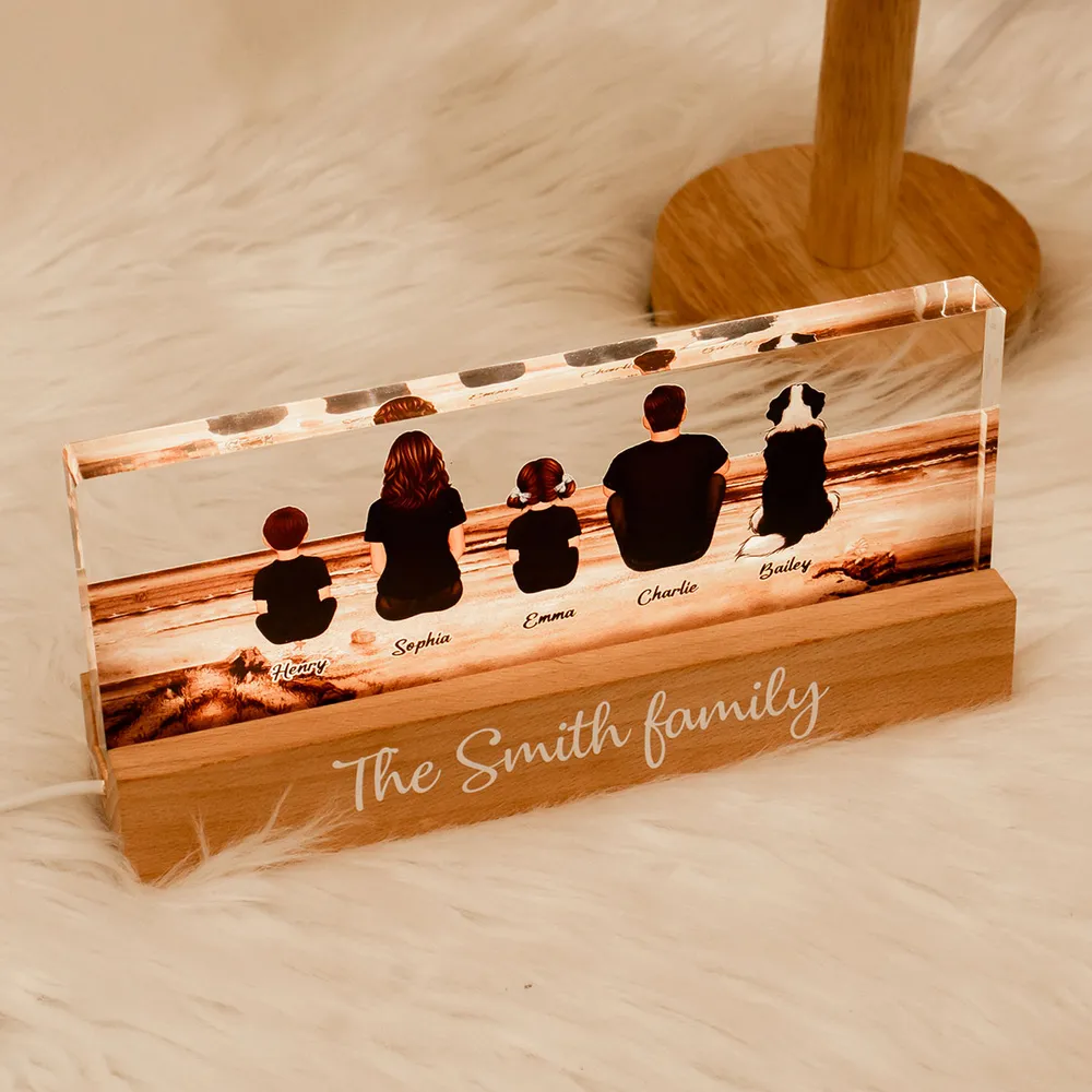 Family Sitting Back View Retro Vintage Beach Landscape - Personalized Family LED Plaque, Family Gift for Parents, Siblings & Pet Lovers - Image 3