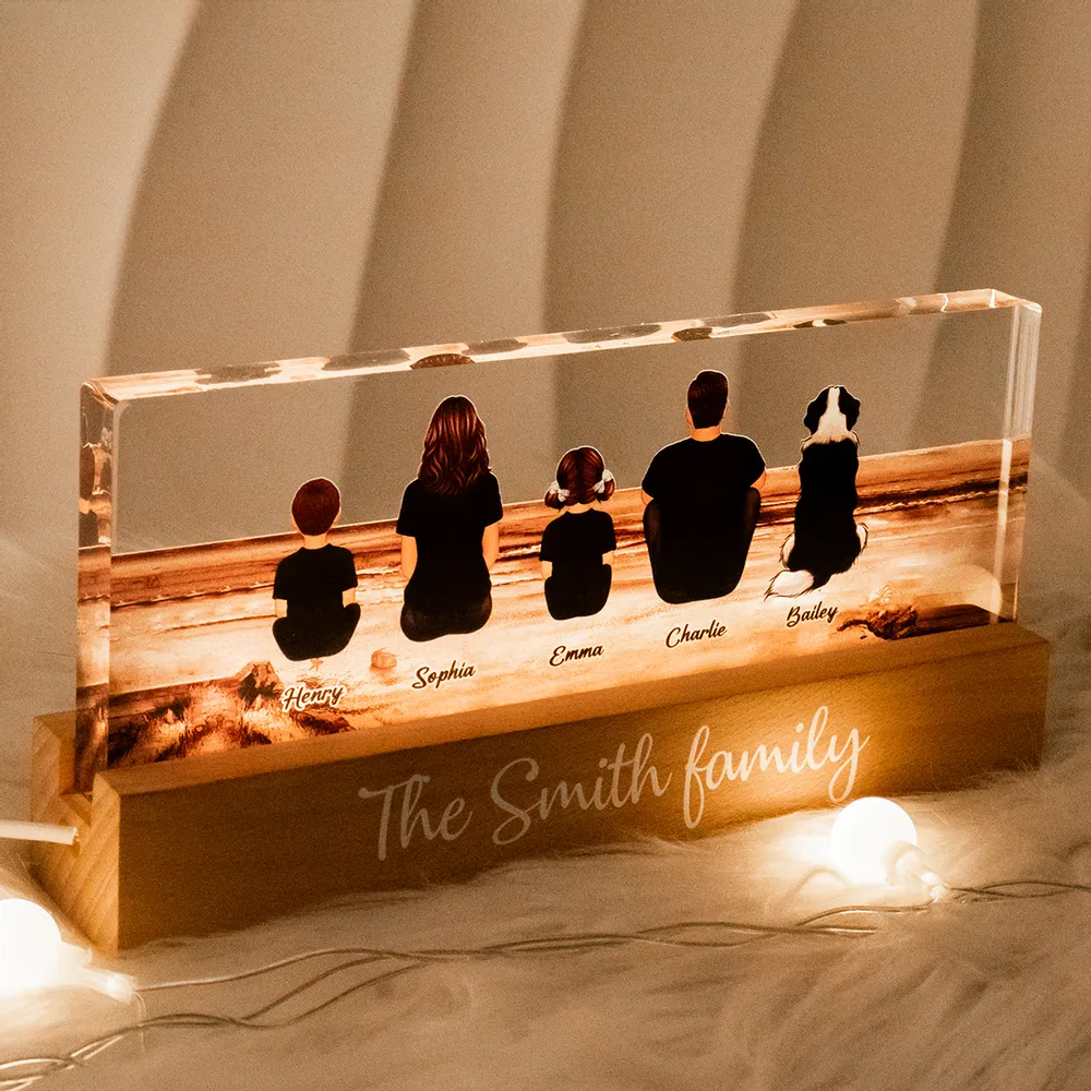Family Sitting Back View Retro Vintage Beach Landscape - Personalized Family LED Plaque, Family Gift for Parents, Siblings & Pet Lovers - Image 4