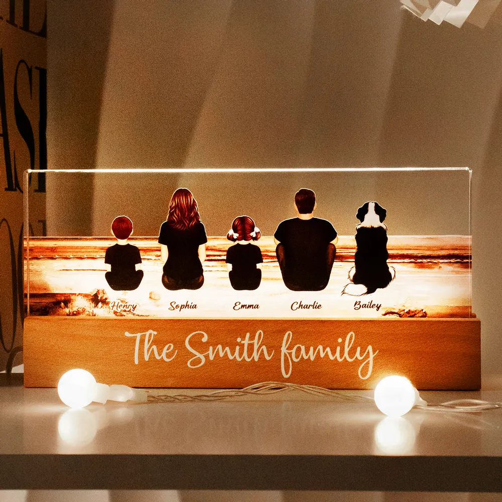 Family Sitting Back View Retro Vintage Beach Landscape - Personalized Family LED Plaque, Family Gift for Parents, Siblings & Pet Lovers - Image 6