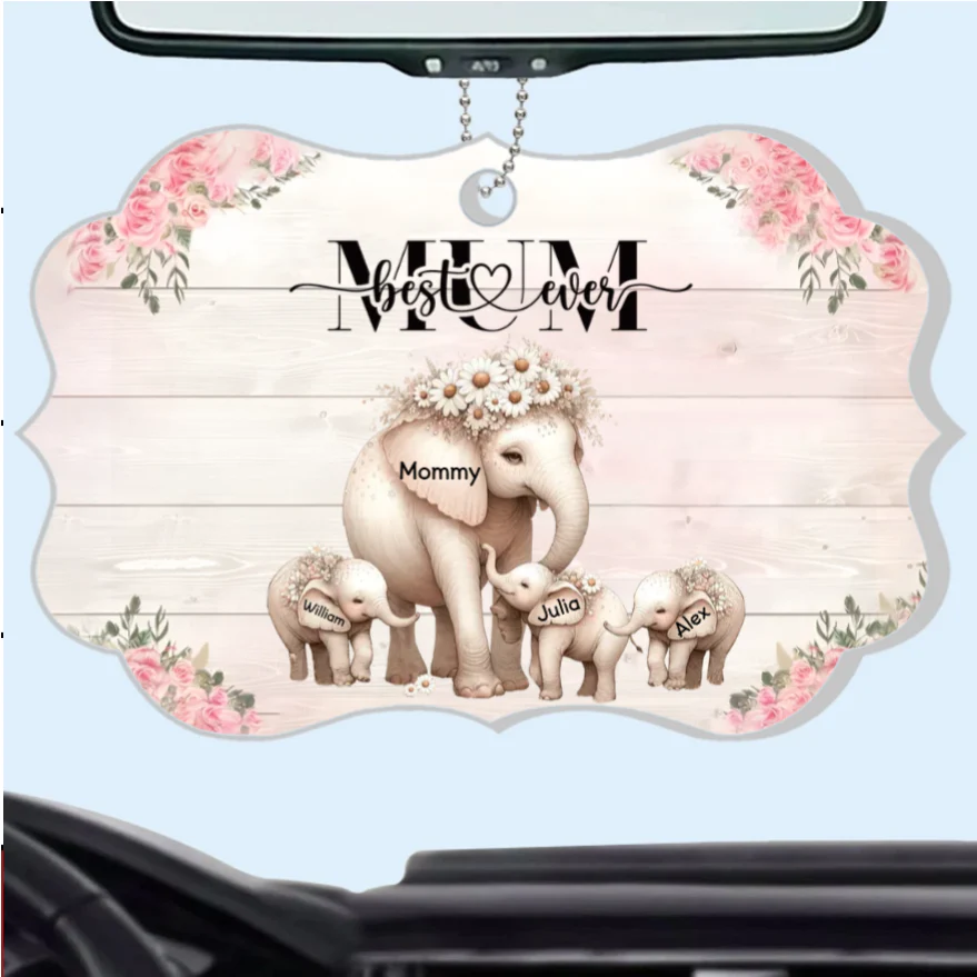 Personalized Mom Elephant Ornament – Custom Car Hanger for Mother