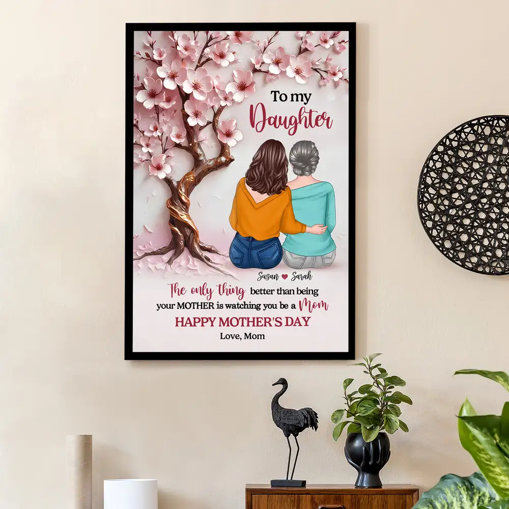 Personalized Mother & Daughter Hugging Under Cherry Blossom Tree Poster – Unframed Poster or Canvas for Mother's Day Gift