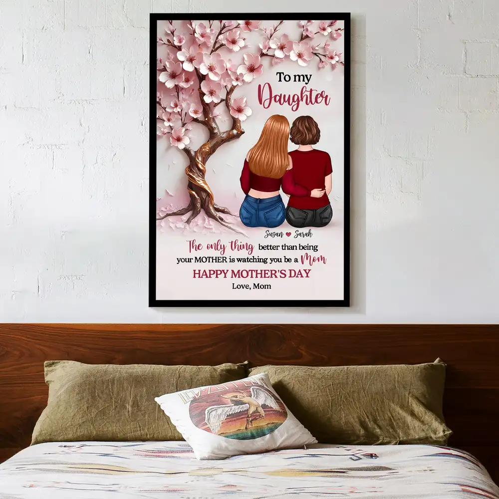 Personalized Mother & Daughter Hugging Under Cherry Blossom Tree Poster – Unframed Poster or Canvas for Mother's Day Gift - Image 2