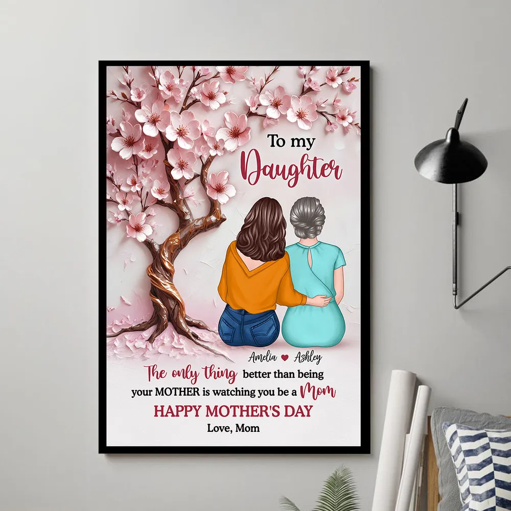 Personalized Mother & Daughter Hugging Under Cherry Blossom Tree Poster – Unframed Poster or Canvas for Mother's Day Gift - Image 4