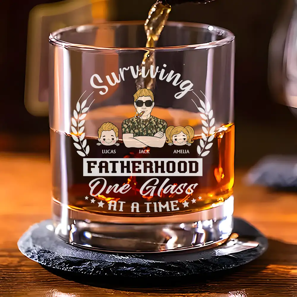 Funny Fatherhood Whiskey Glass with Family Names – Surviving Fatherhood One Glass at a Time, Ideal Father’s Day Gift - Image 3