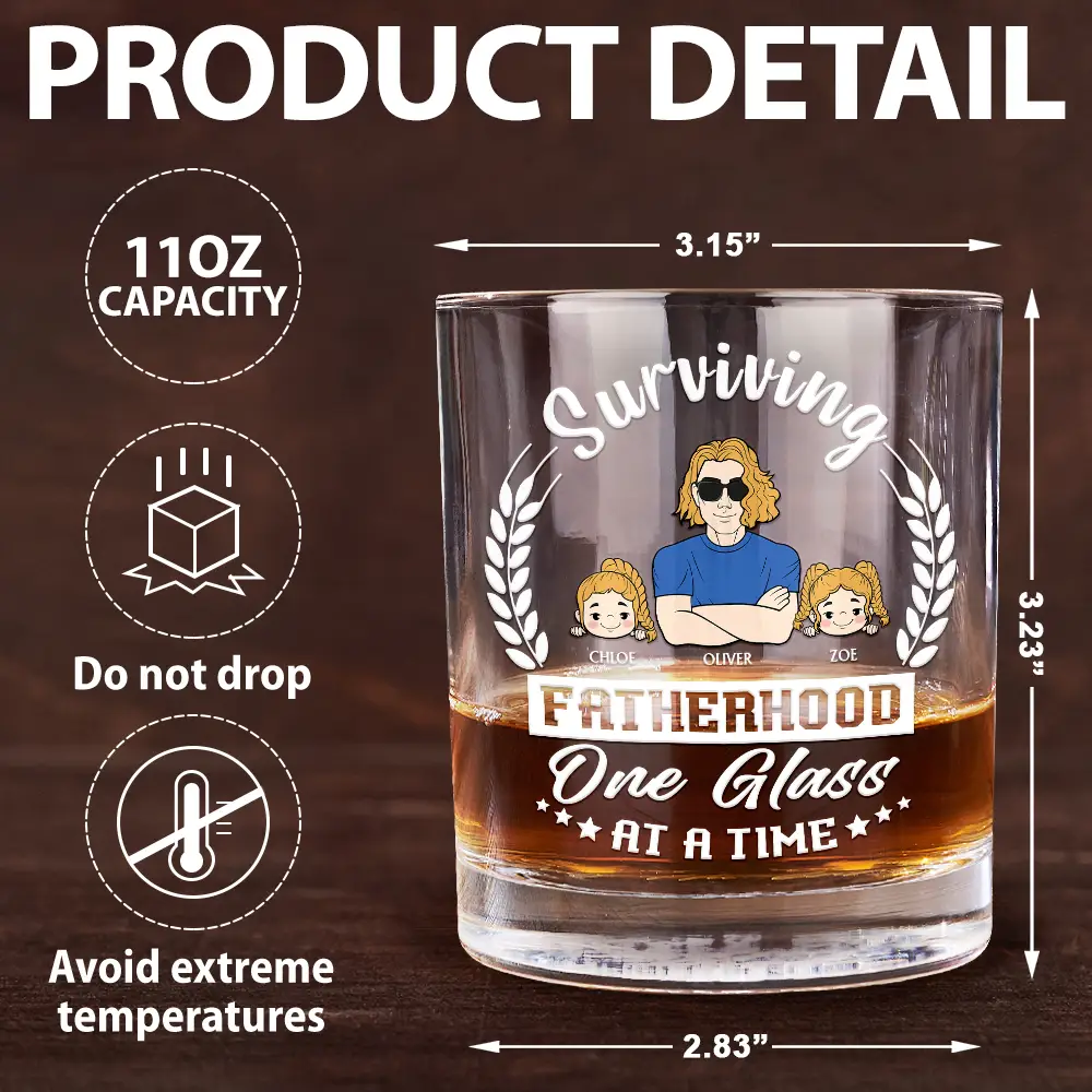Funny Fatherhood Whiskey Glass with Family Names – Surviving Fatherhood One Glass at a Time, Ideal Father’s Day Gift - Image 4