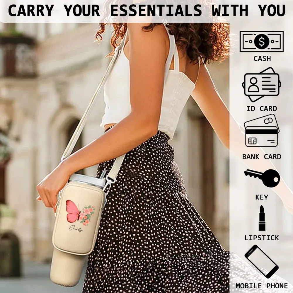 Personalized Water Bottle Carrier Bag with Butterfly & Floral Design – Custom Name, A Great Gift for Mom or Family - Image 6