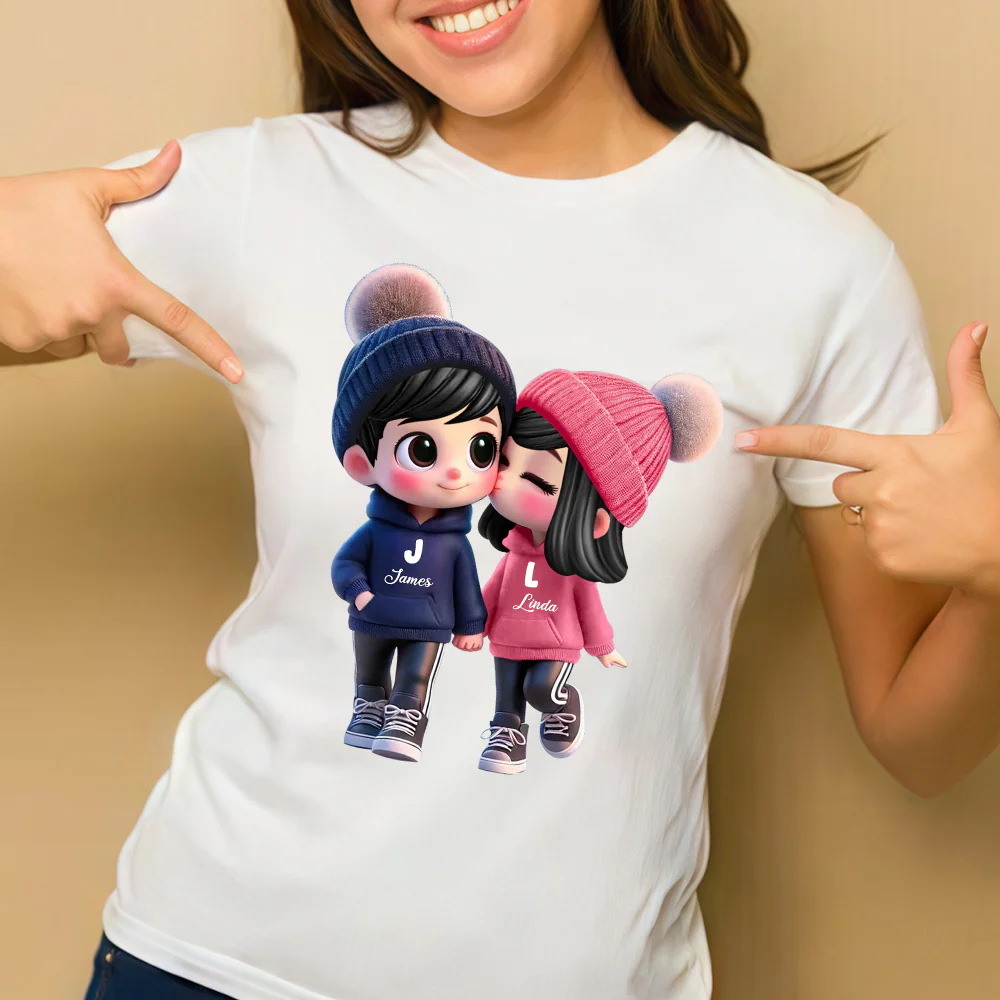 Personalized Couple Classic Tee – Cute Cartoon Couple Design, Custom Names, Perfect Gift for Couples - Image 5