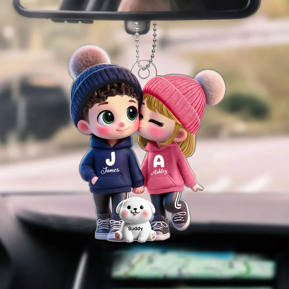 Personalized Acrylic Car Hanger Featuring Kissing Couple & Cute Pet – Thoughtful Gift Idea for Couples & Pet Lovers - Image 7