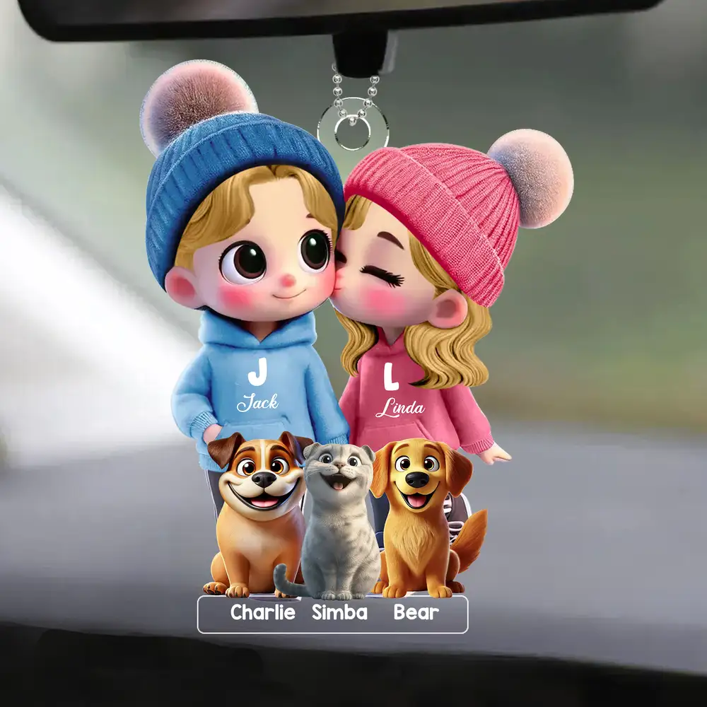 Cute Couple Car Hanger – Perfect Anniversary or Valentine's Day Gift with Personalized Names and Animal Designs