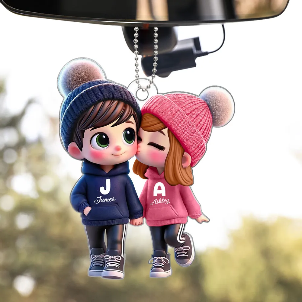 Personalized Acrylic Car Hanger - Cute Couple Kissing Moment - Custom Name Gift for Boyfriend & Girlfriend - Image 5