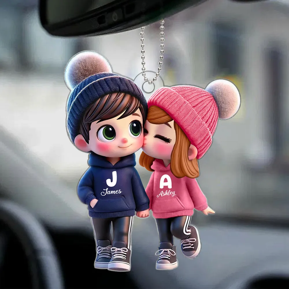 Personalized Acrylic Car Hanger - Cute Couple Kissing Moment - Custom Name Gift for Boyfriend & Girlfriend - Image 6