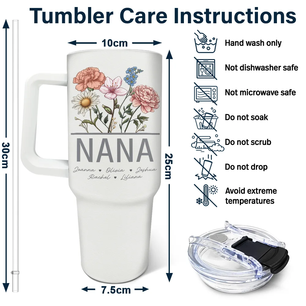 Floral 40oz Tumbler with Handle – Custom Gift for Nana, Perfect for Mother’s Day - Image 5