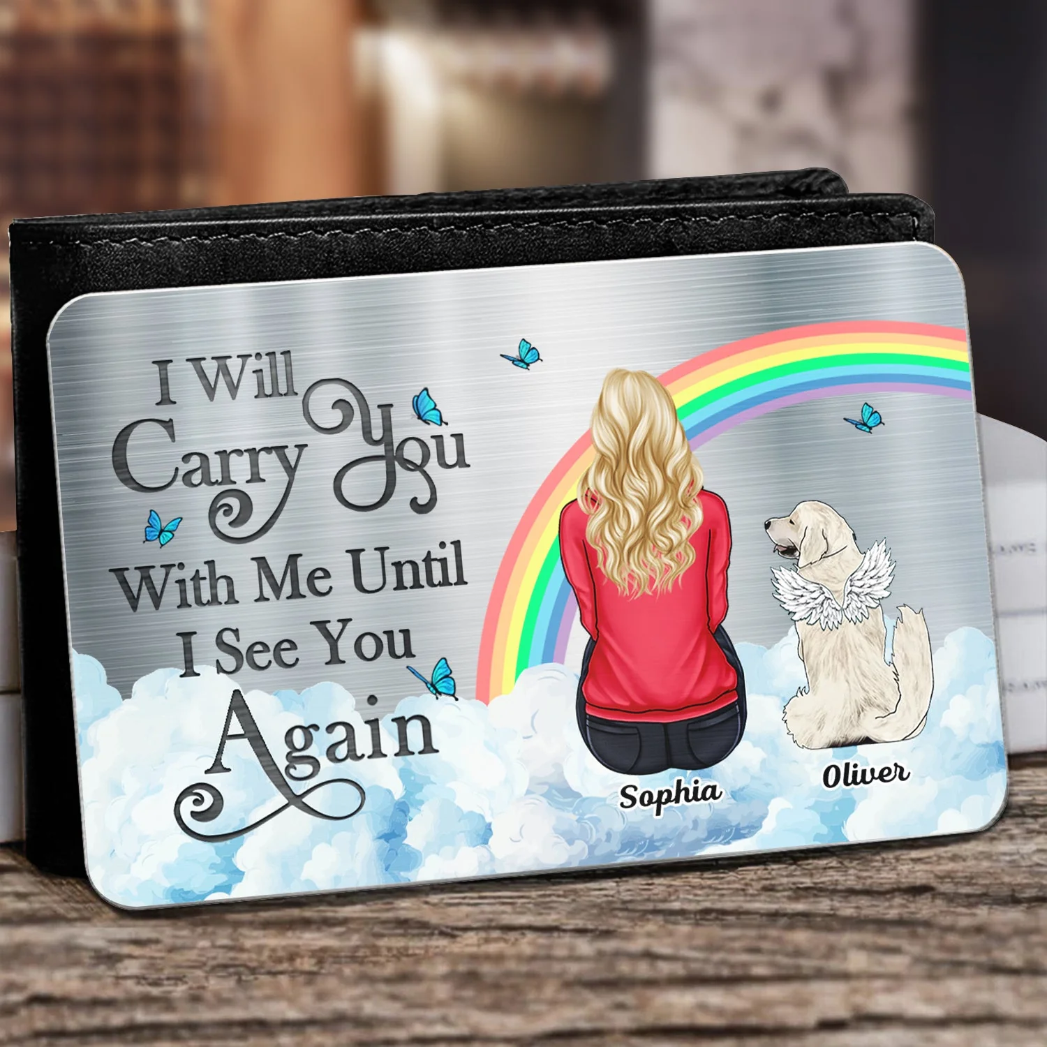Custom Metal Wallet Card with Rainbow Bridge Design for Pet Sympathy
