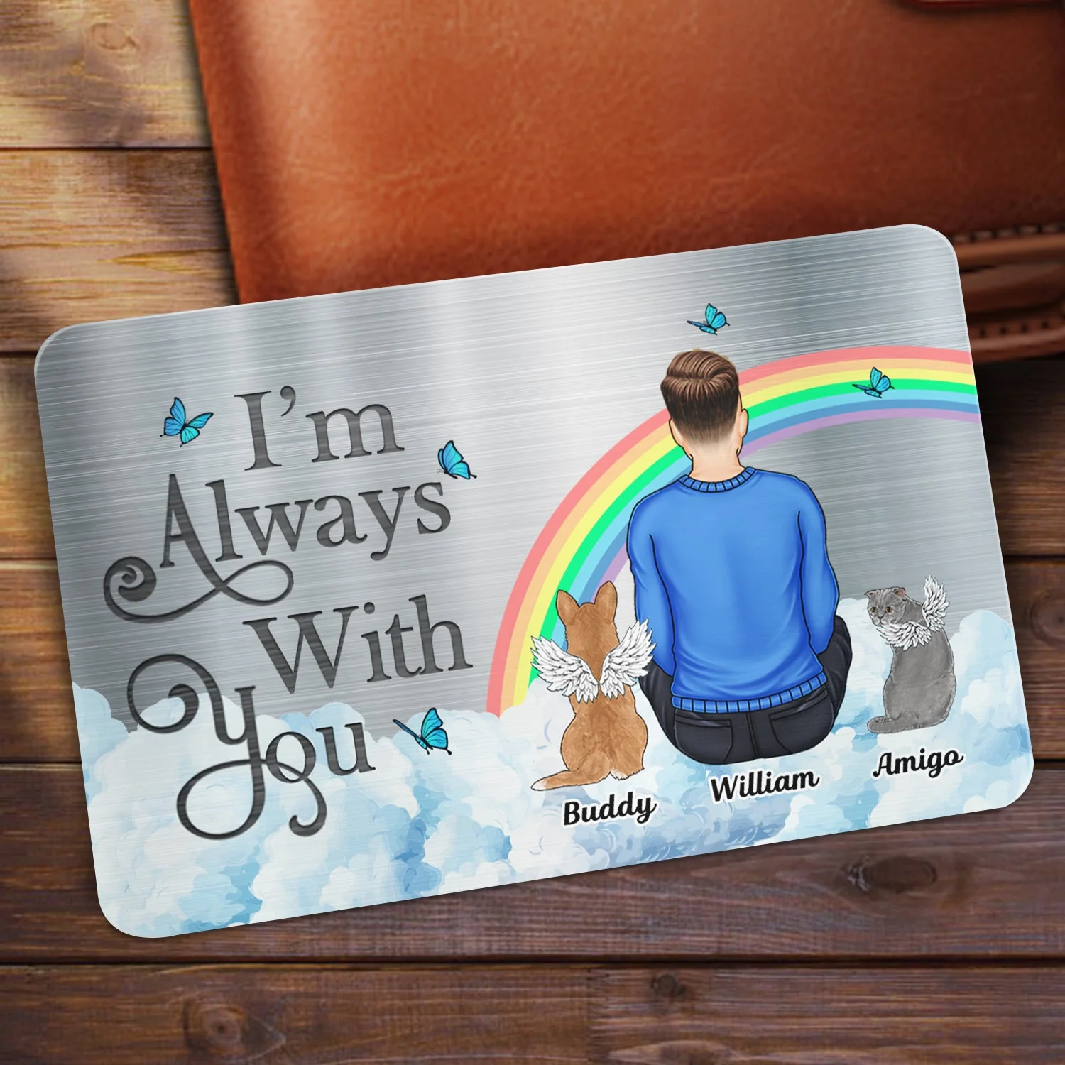 Custom Metal Wallet Card with Rainbow Bridge Design for Pet Sympathy - Image 2