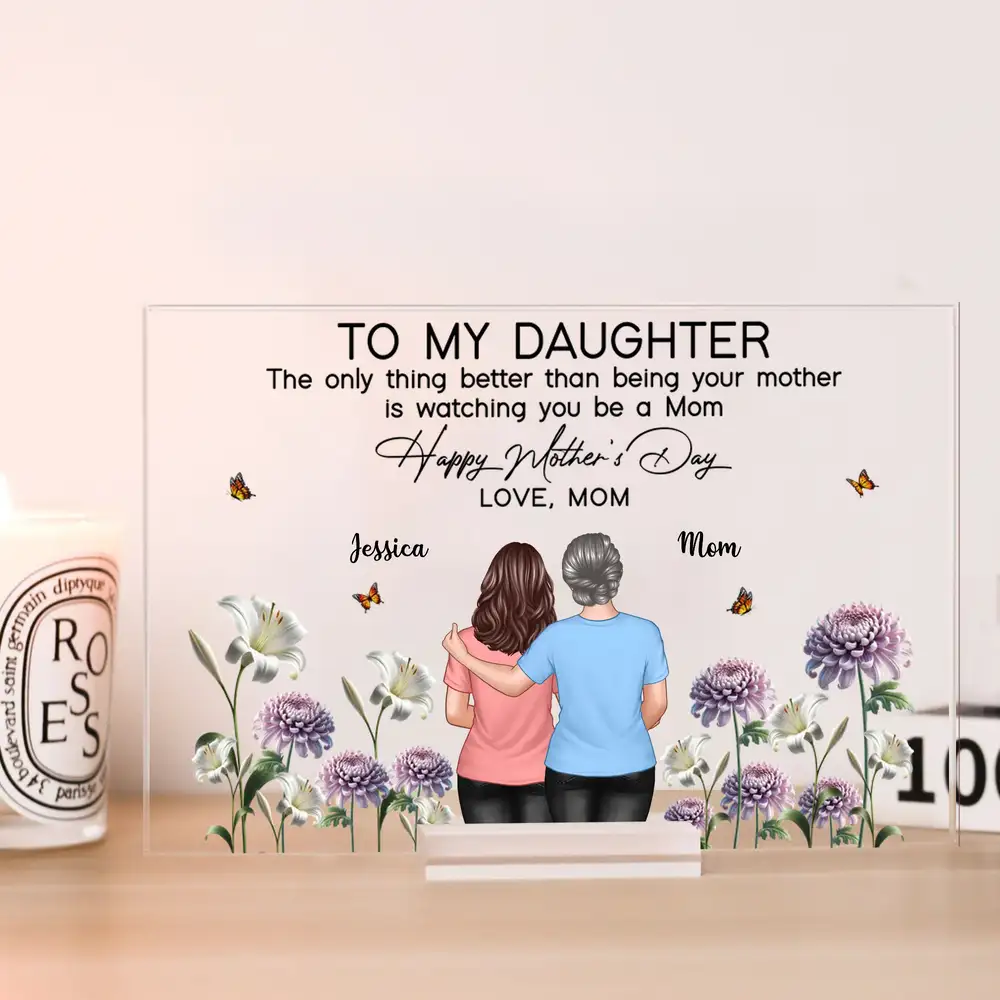 To My Daughter – Happy Mother's Day Acrylic Plaque with Hug Scene and Birth Month Flowers, Gift from Mom